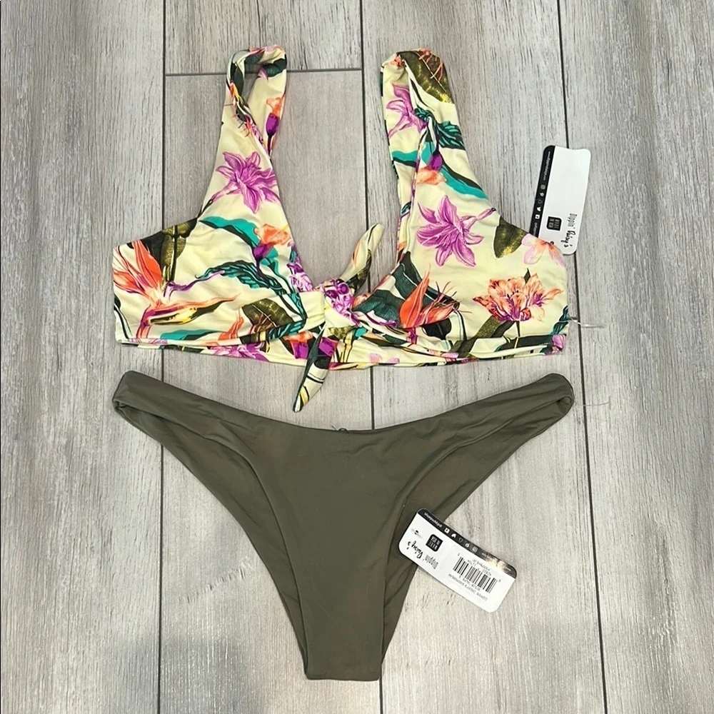 Dippin' Daisy's tropical print olive green 2 piece bikini swimsuit set size S